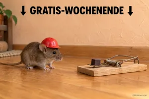 Maus mit Helm vor einer Mausefalle, lustiger Text: Gratis-Wochenende