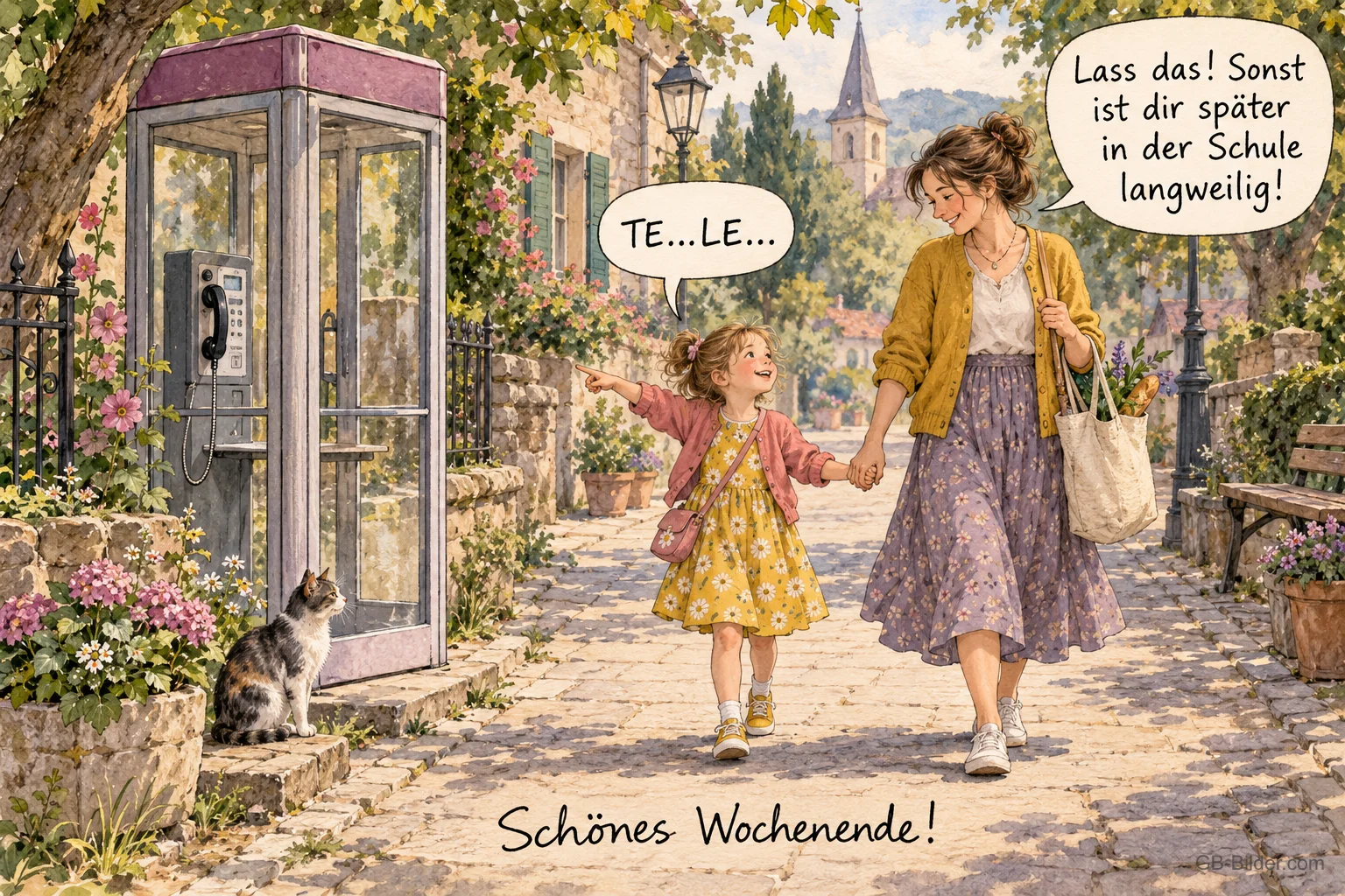 Mutter und Tochter an einer Telefonzelle, lustiger Spruch, Schönes Wochenende!