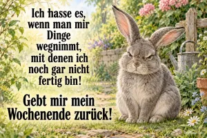 Grimmiger Hase im Garten, lustiger Spruch: Gebt mir mein Wochenende zurück!