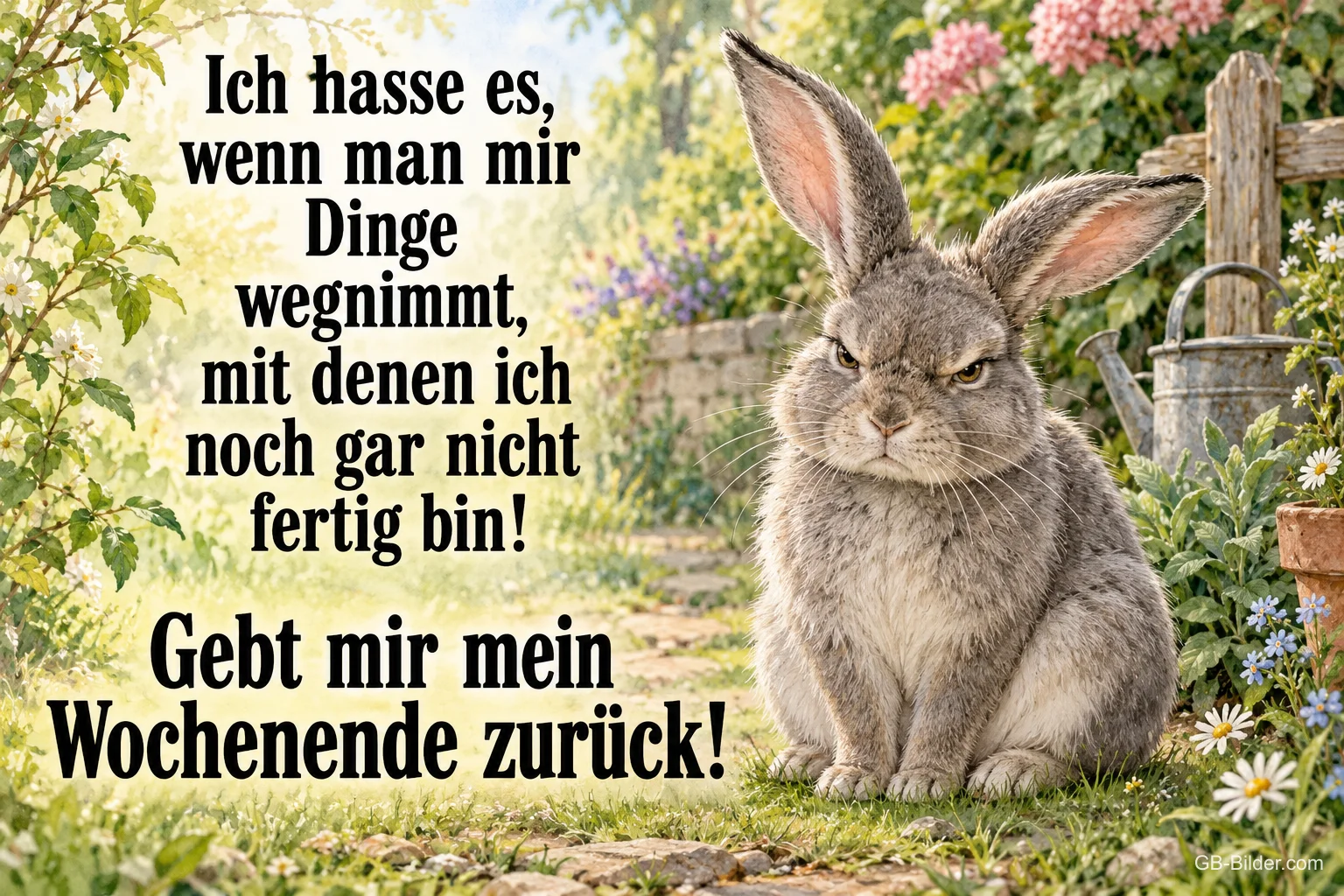Grimmiger Hase im Garten, lustiger Spruch: Gebt mir mein Wochenende zurück!