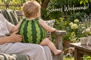 Baby im Melonenkostüm auf einer Gartenbank, Text: Schönes Wochenende!
