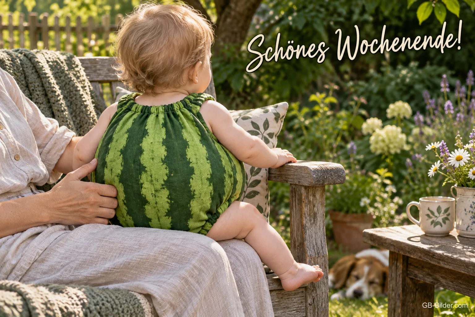 Baby im Melonenkostüm auf einer Gartenbank, Text: Schönes Wochenende!