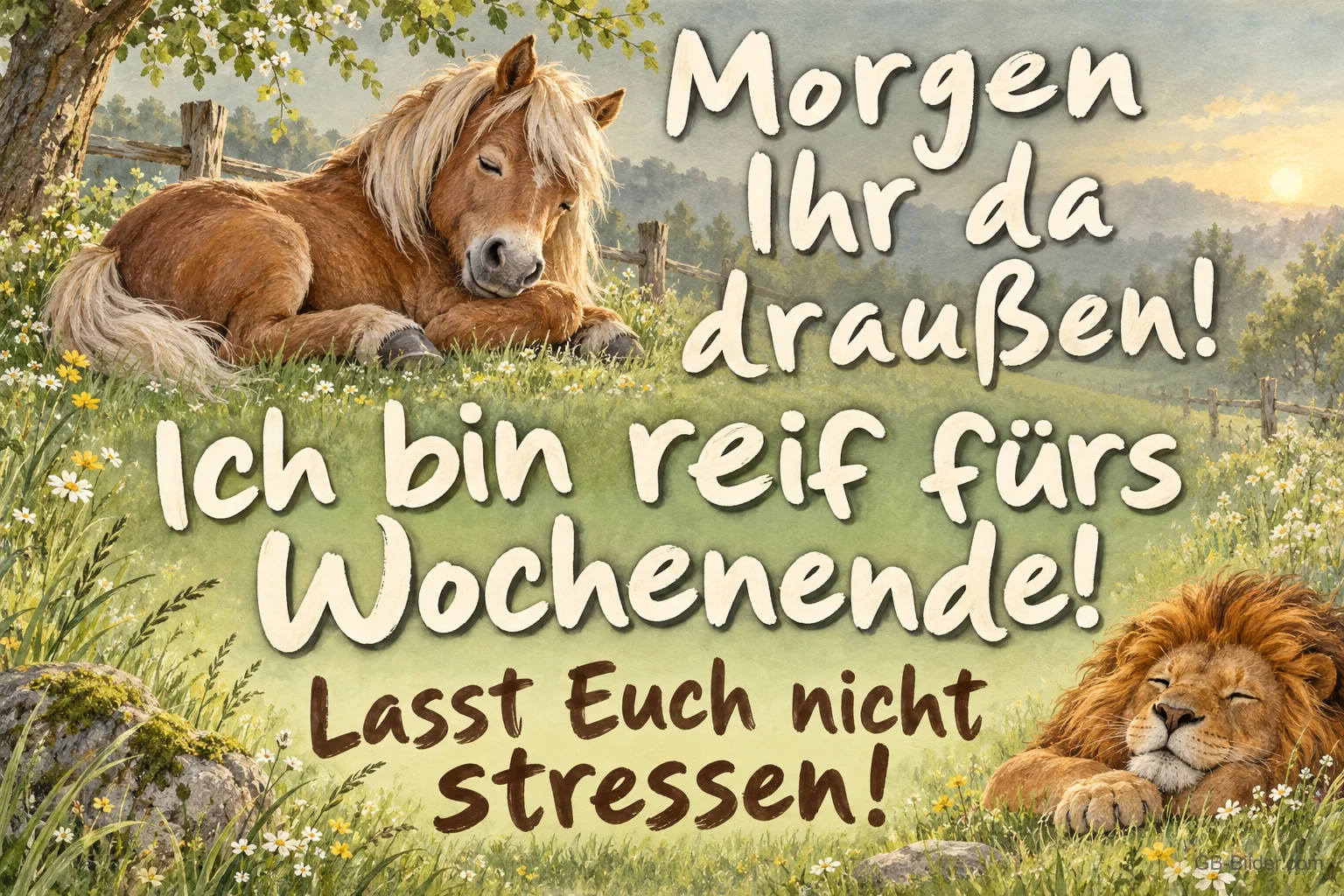 Dösendes Pony und Löwe auf der Wiese, Text: Ich bin reif fürs Wochenende!