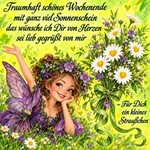 Elfe mit Blütenkranz liegt neben einem Strauß Gänseblümchen, Text: Traumhaft schönes Wochenende mit ganz viel Sonnenschein das wünsche ich Dir von Herzen sei lieb gegrüßt von mir – Für Dich ein kleines Sträußchen