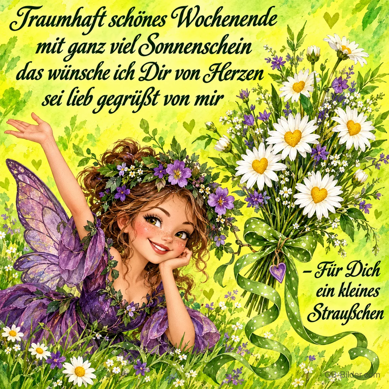Elfe mit Blütenkranz liegt neben einem Strauß Gänseblümchen, Text: Traumhaft schönes Wochenende mit ganz viel Sonnenschein das wünsche ich Dir von Herzen sei lieb gegrüßt von mir – Für Dich ein kleines Sträußchen