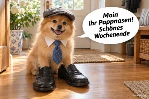 Spitz mit Mütze und Krawatte, lustiger Text: Moin ihr Pappnasen! Schönes Wochenende