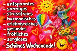 Fröhliches Paar springt zwischen Sonne, Heißluftballon und Blumen, Text: – entspanntes – sonniges – stressfreies – harmonisches – erlebnisreiches – gesundes – fröhliches – sorgloses – Schönes Wochenende!