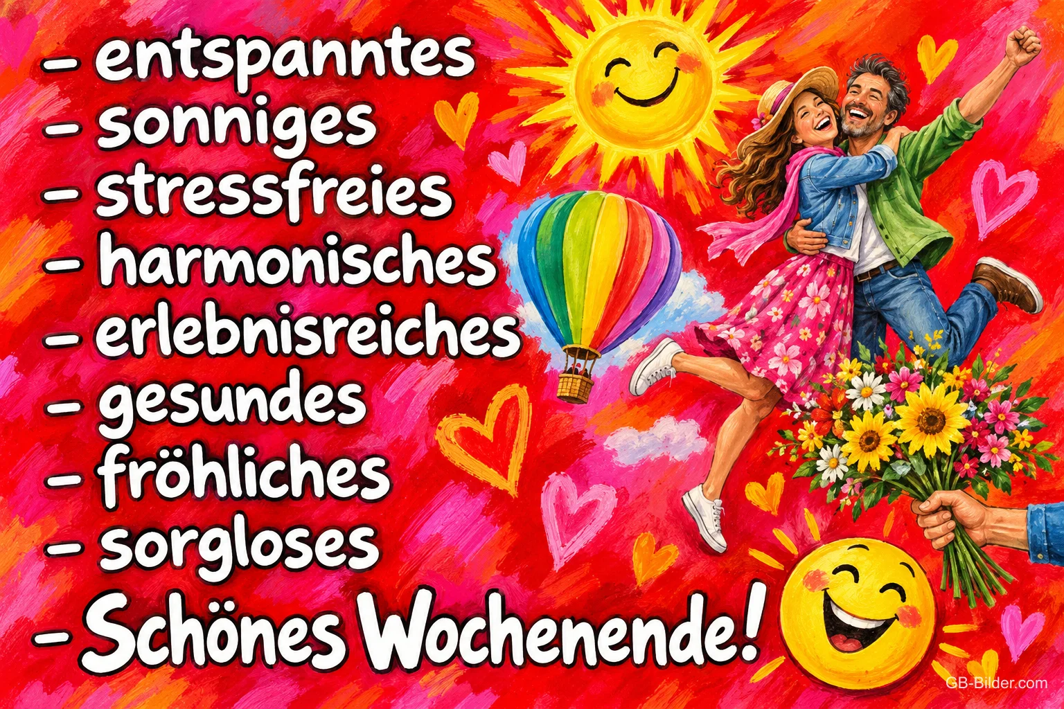 Fröhliches Paar springt zwischen Sonne, Heißluftballon und Blumen, Text: – entspanntes – sonniges – stressfreies – harmonisches – erlebnisreiches – gesundes – fröhliches – sorgloses – Schönes Wochenende!