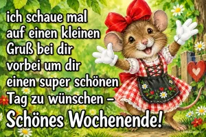 Fröhliche Maus mit roter Schleife und Dirndl winkt im Garten, Text: ich schaue mal auf einen kleinen Gruß bei dir vorbei um dir einen super schönen Tag zu wünschen – Schönes Wochenende!