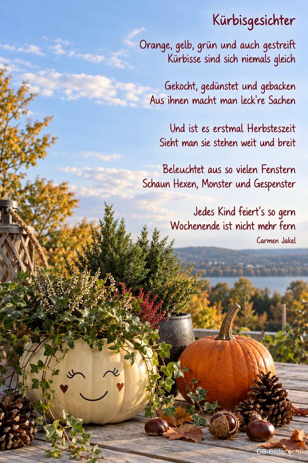 Kürbis mit Gesicht und Herbstdeko, Gedicht: Kürbisgesichter – Carmen Jakel