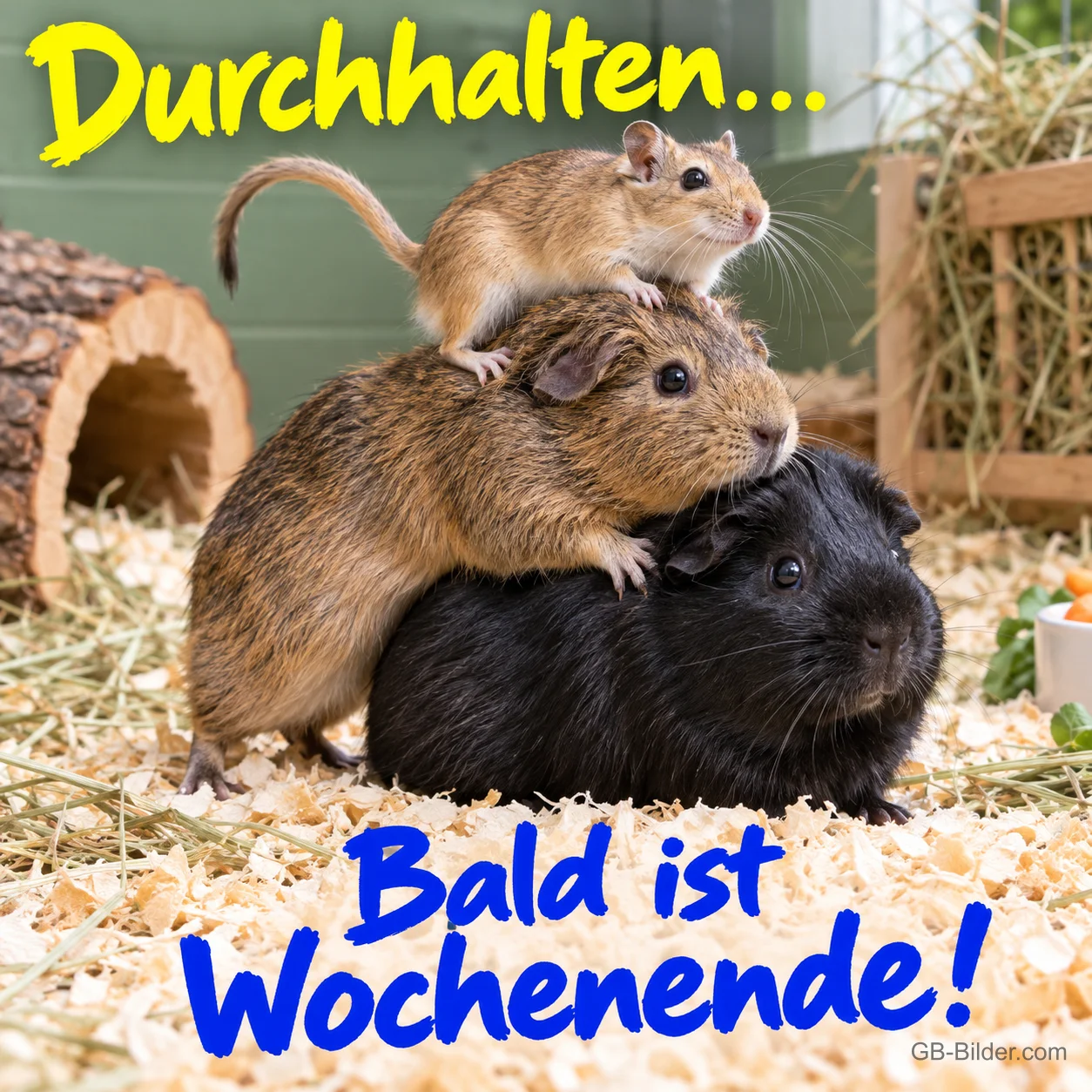 Drei Nager liegen übereinander im Stroh, Text: Durchhalten... Bald ist Wochenende!