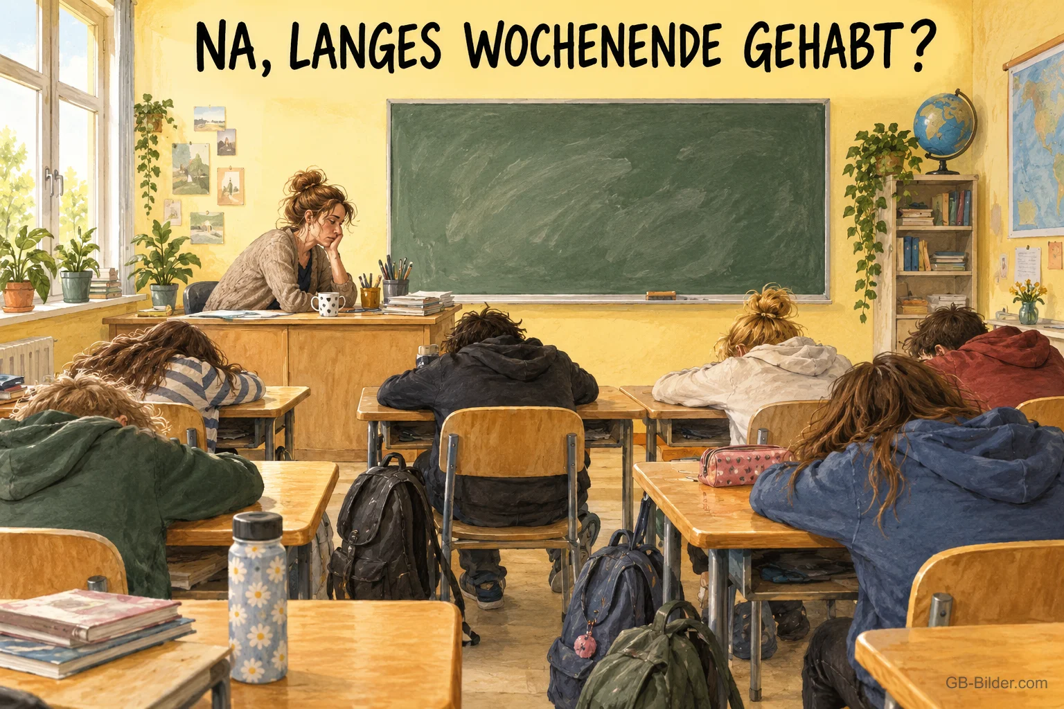 Schlafende Schulklasse, lustiger Text: Na, langes Wochenende gehabt?