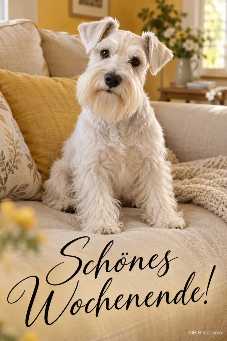Weißer Schnauzer auf dem Sofa, Text: Schönes Wochenende!