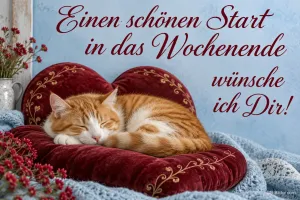 Schlafende Katze auf einem Herzkissen, Text: Einen schönen Start in das Wochenende wünsche ich Dir!