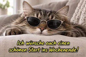 Katze mit Sonnenbrille, Text: Ich wünsche euch einen schönen Start ins Wochenende!