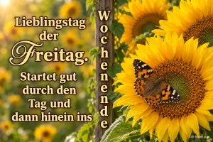 Schmetterling auf einer Sonnenblume, Text: Lieblingstag der Freitag