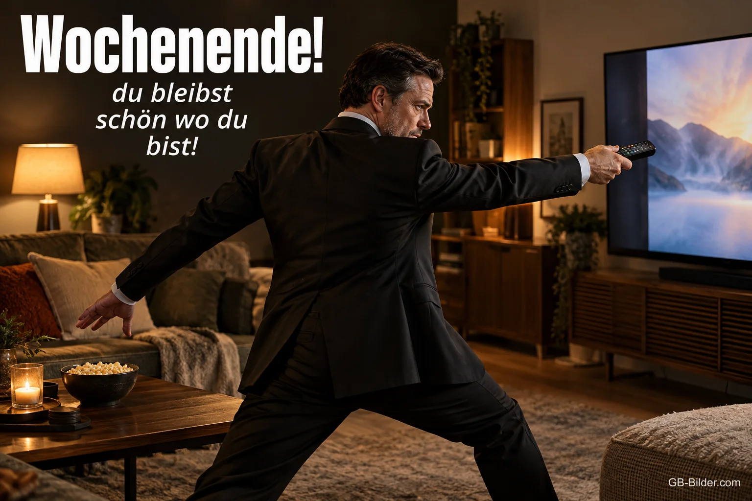 Mann im Anzug zielt wie ein Agent mit der Fernbedienung auf den Fernseher, Text: Wochenende! du bleibst schön wo du bist!