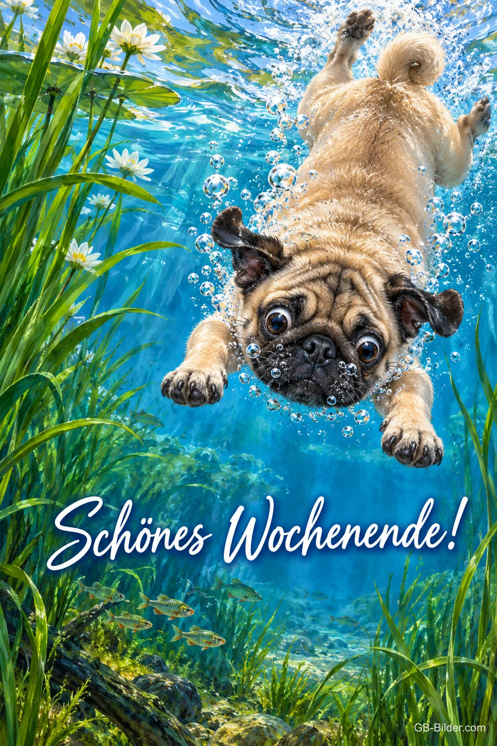 Mops taucht mit großen Augen unter Wasser zwischen Wasserpflanzen, Text: Schönes Wochenende!