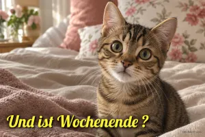 Kätzchen mit großen Augen auf dem Bett, Text: Und ist Wochenende?