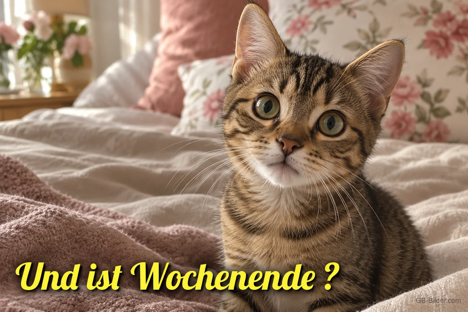 Kätzchen mit großen Augen auf dem Bett, Text: Und ist Wochenende?