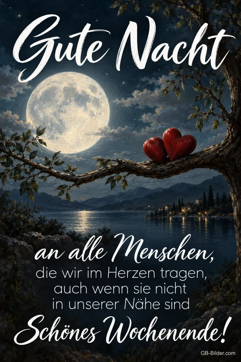 Zwei rote Herzen an einem Ast vor dem Vollmond über einem See, Text: Gute Nacht an alle Menschen, die wir im Herzen tragen. Schönes Wochenende!