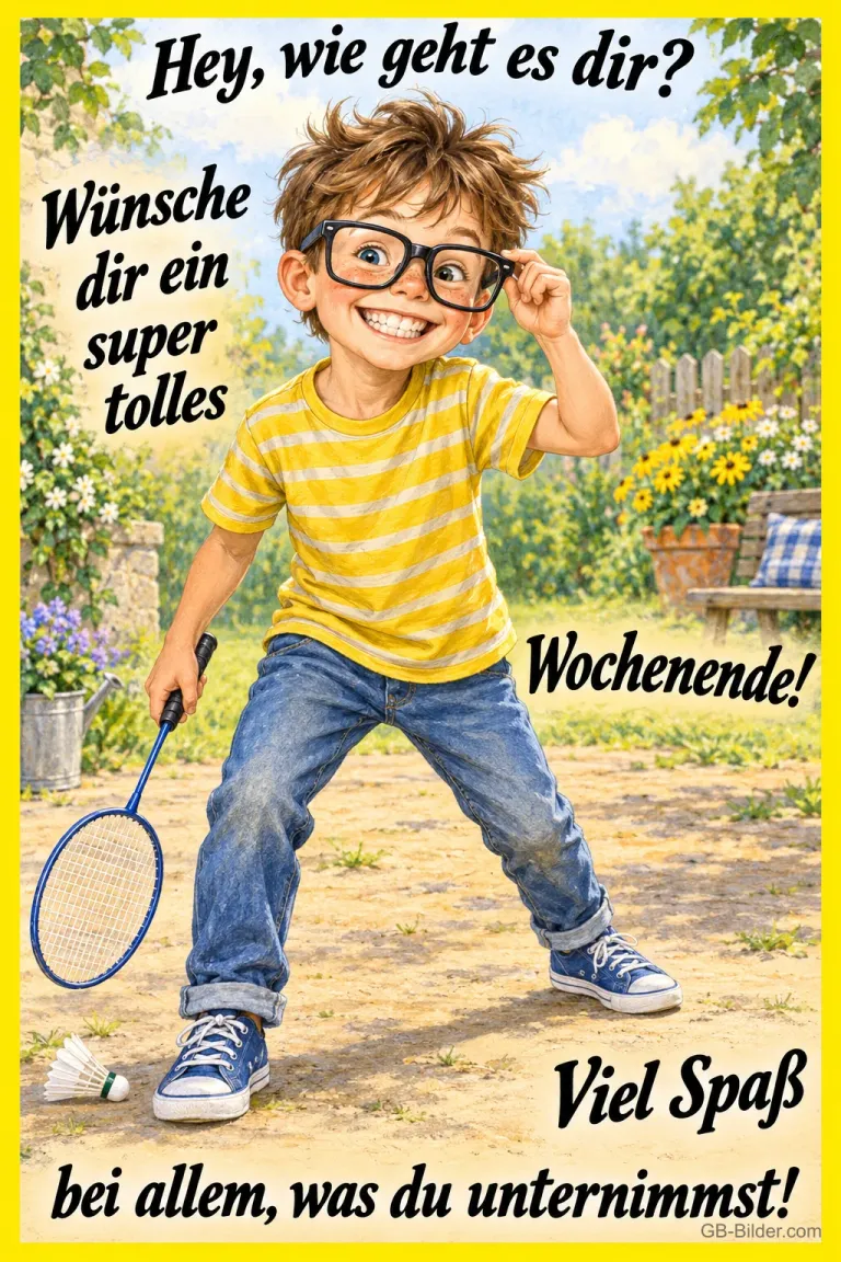 Lachender Junge mit Brille und Federballschläger im Garten, Text: Hey, wie geht es dir? Wünsche dir ein super tolles Wochenende! Viel Spaß bei allem, was du unternimmst!