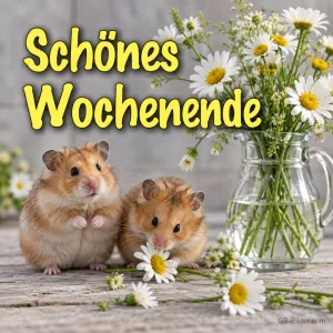 Zwei Hamster neben einem Krug mit Margeriten, Text: Schönes Wochenende