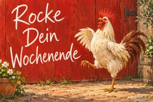 Hahn tanzt vor einem roten Scheunentor, Text: Rocke Dein Wochenende