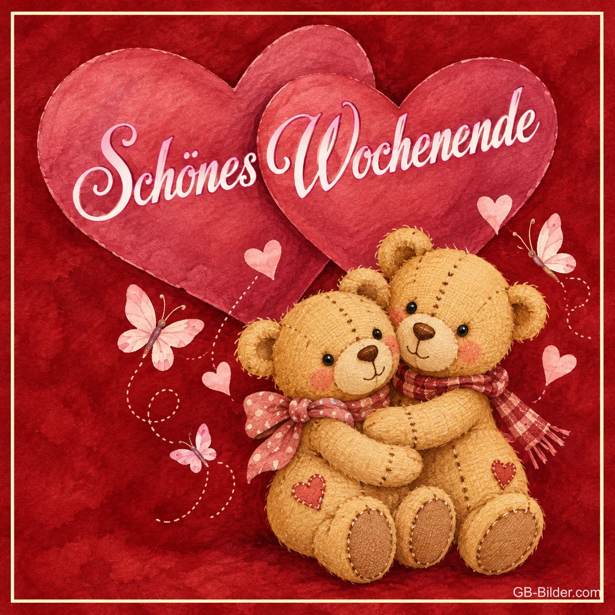 Zwei kuschelnde Teddybären vor roten Herzen, Text: Schönes Wochenende