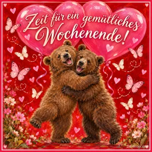 Zwei Bären umarmen sich unter rosa Herzballons und Schmetterlingen, Text: Zeit für ein gemütliches Wochenende!