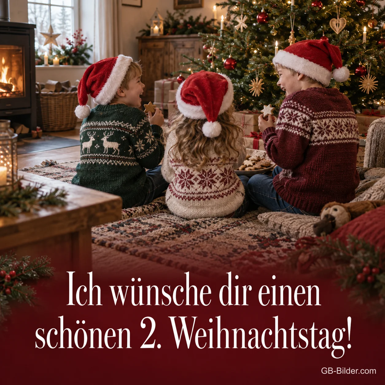 Kinder mit Weihnachtsmützen vor dem Weihnachtsbaum, Text: Ich wünsche dir einen schönen 2. Weihnachtstag!