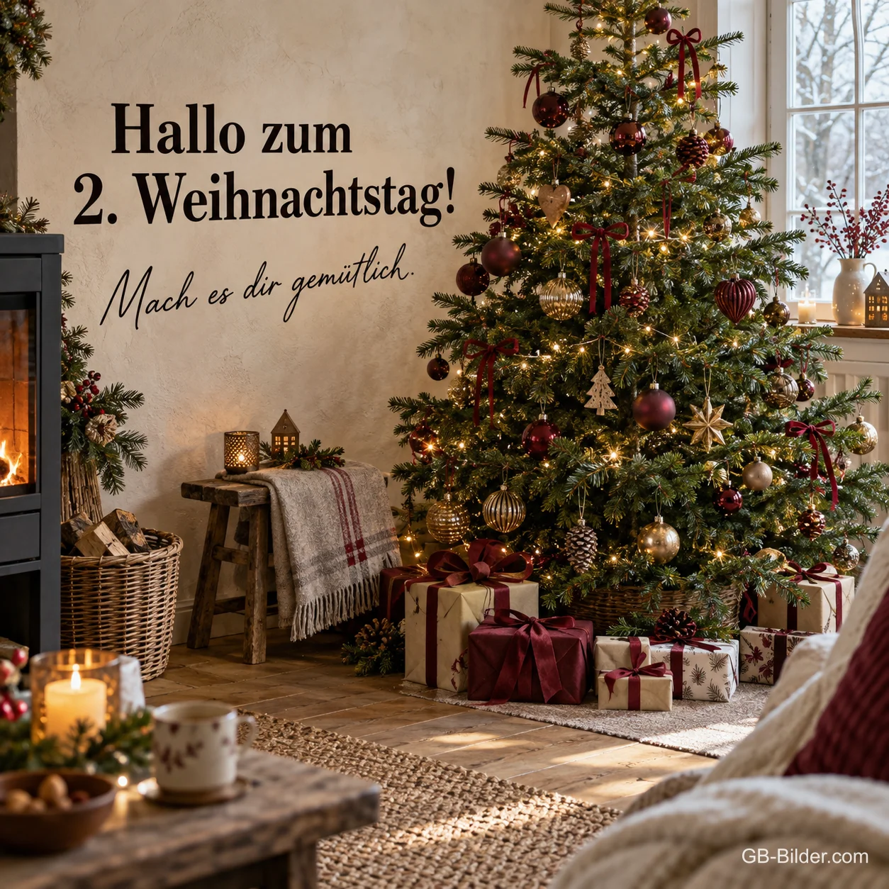 Weihnachtsbaum mit Geschenken neben dem Kamin, Text: Hallo zum 2. Weihnachtstag! Weihnachtsbaum mit Geschenken neben dem Kamin, Text: Hallo zum 2. Weihnachtstag!