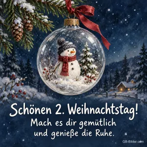 Christbaumkugel mit Schneemann über einem Winterdorf, Text: Schönen 2. Weihnachtstag!