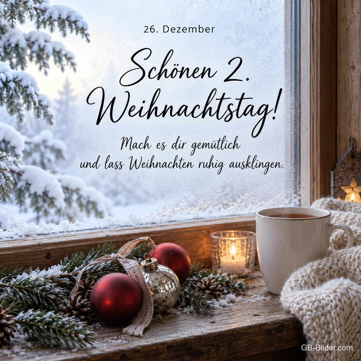 Christbaumkugeln und Tee am frostigen Fenster, Text: Schönen 2. Weihnachtstag! Christbaumkugeln und Tee am frostigen Fenster, Text: Schönen 2. Weihnachtstag!