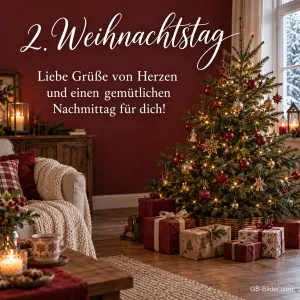 Wohnzimmer mit Weihnachtsbaum und Geschenken, Text: 2. Weihnachtstag – Liebe Grüße von Herzen