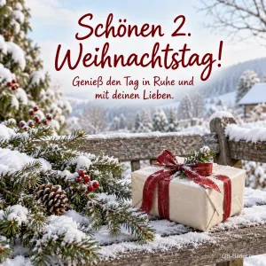 Geschenk auf verschneiter Bank, Text: Schönen 2. Weihnachtstag!