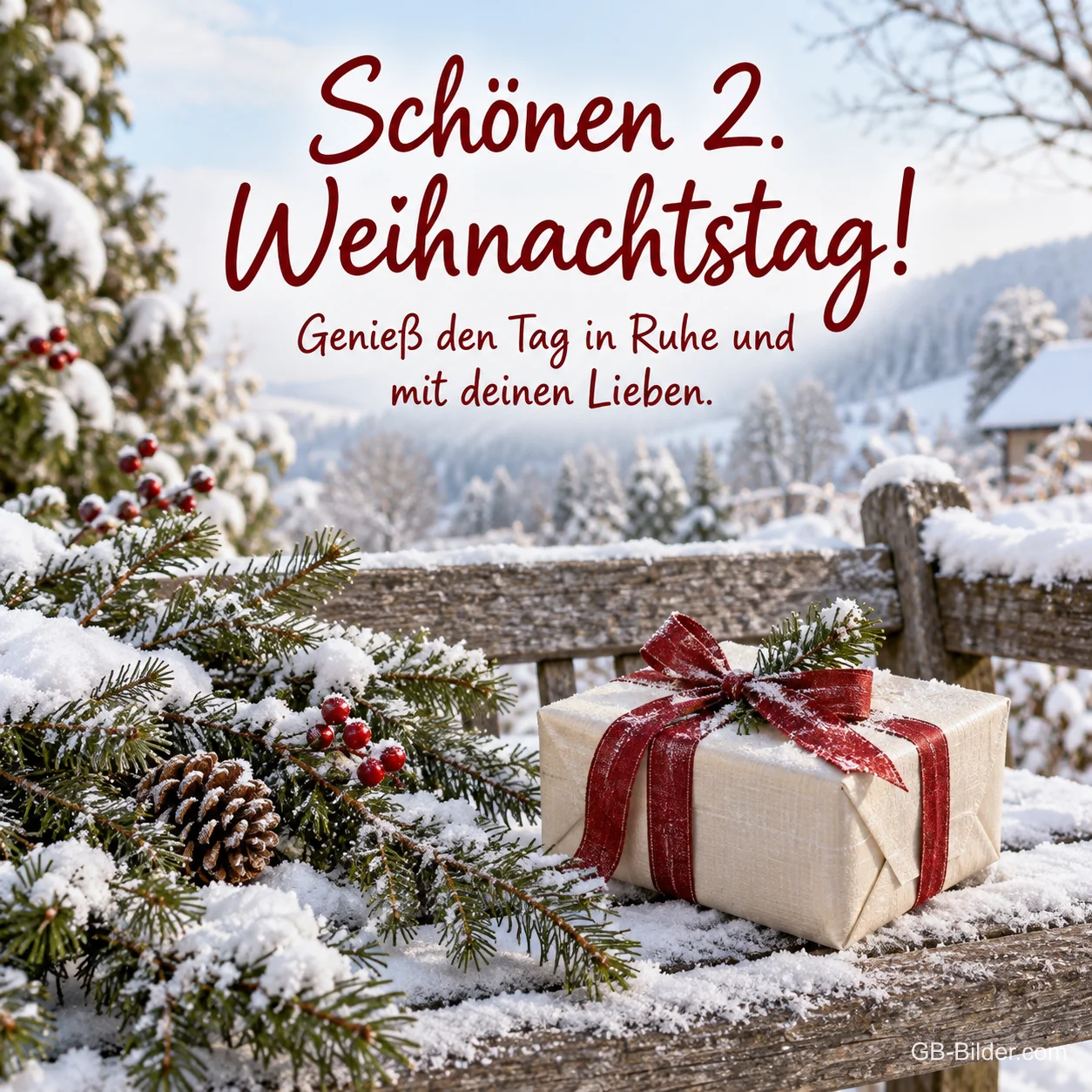 Geschenk auf verschneiter Bank, Text: Schönen 2. Weihnachtstag! Geschenk auf verschneiter Bank, Text: Schönen 2. Weihnachtstag!
