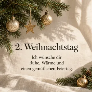 Goldene Christbaumkugeln an Tannenzweigen, Text: 2. Weihnachtstag – Ich wünsche dir Ruhe und Wärme