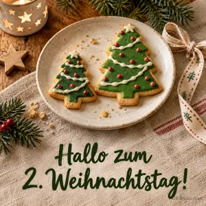 Tannenbaum-Plätzchen auf einem Teller, Text: Hallo zum 2. Weihnachtstag!