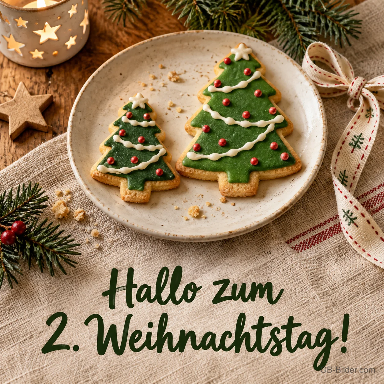 Tannenbaum-Plätzchen auf einem Teller, Text: Hallo zum 2. Weihnachtstag! Tannenbaum-Plätzchen auf einem Teller, Text: Hallo zum 2. Weihnachtstag!