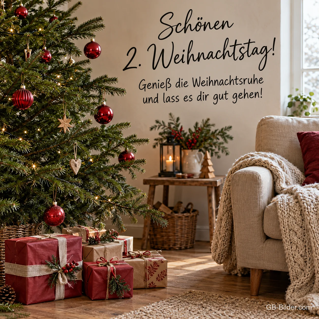 Weihnachtsbaum mit Geschenken und Sessel, Text: Schönen 2. Weihnachtstag!