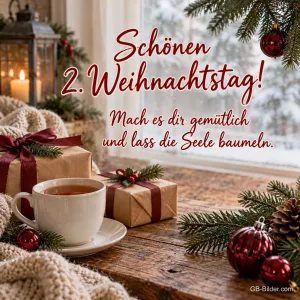 Teetasse und Geschenke am Winterfenster, Text: Schönen 2. Weihnachtstag!