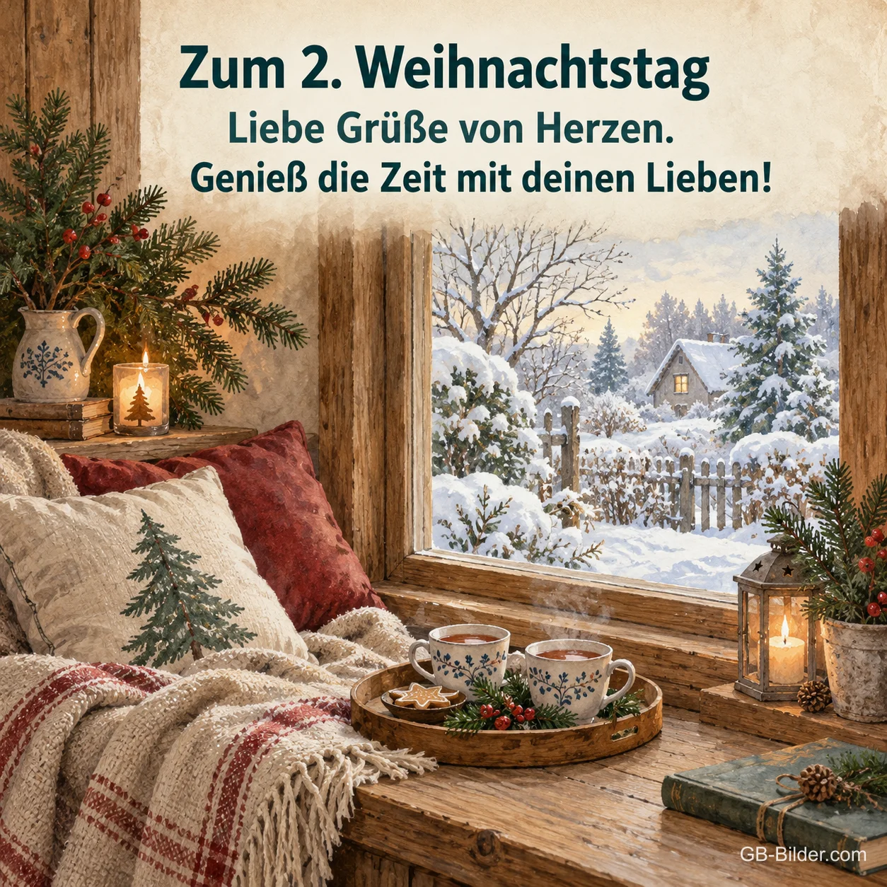 Gemütlicher Fensterplatz mit zwei Tassen, Text: Zum 2. Weihnachtstag – Liebe Grüße von Herzen Gemütlicher Fensterplatz mit zwei Tassen, Text: Zum 2. Weihnachtstag – Liebe Grüße von Herzen