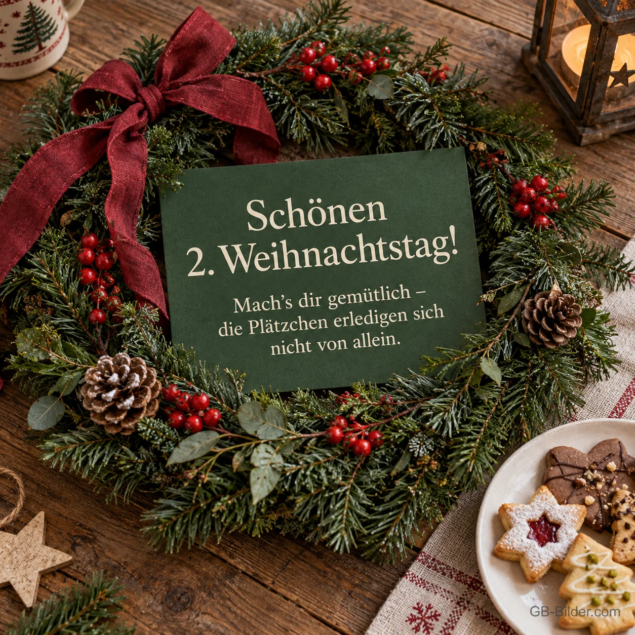 Karte im Tannenkranz neben Plätzchen, Text: Schönen 2. Weihnachtstag! Die Plätzchen erledigen sich nicht von allein. Karte im Tannenkranz neben Plätzchen, Text: Schönen 2. Weihnachtstag! Die Plätzchen erledigen sich nicht von allein.