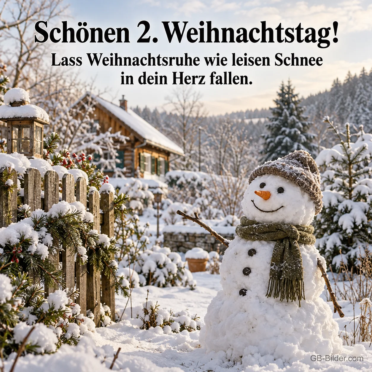 Schneemann vor verschneitem Haus, Text: Schönen 2. Weihnachtstag! Schneemann vor verschneitem Haus, Text: Schönen 2. Weihnachtstag!
