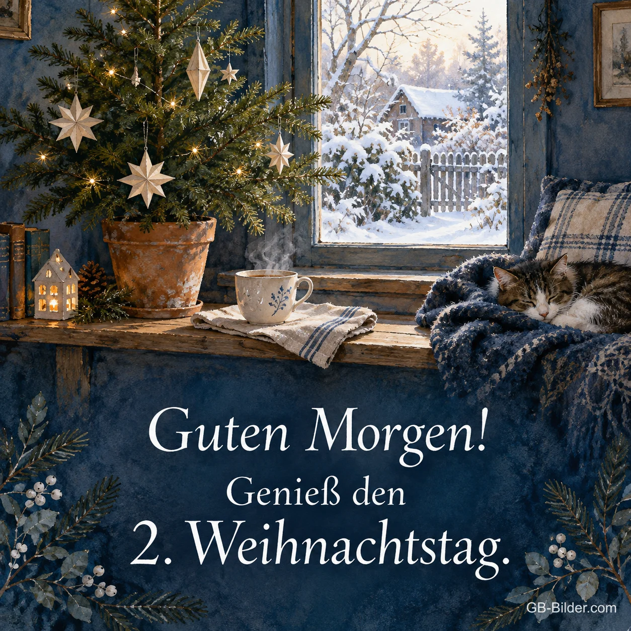 Schlafende Katze am Fenster neben Tannenbaum, Text: Guten Morgen! Genieß den 2. Weihnachtstag. Schlafende Katze am Fenster neben Tannenbaum, Text: Guten Morgen! Genieß den 2. Weihnachtstag.