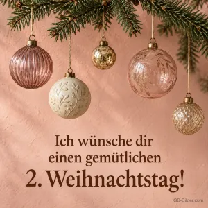 Christbaumkugeln vor rosa Wand, Text: Ich wünsche dir einen gemütlichen 2. Weihnachtstag!