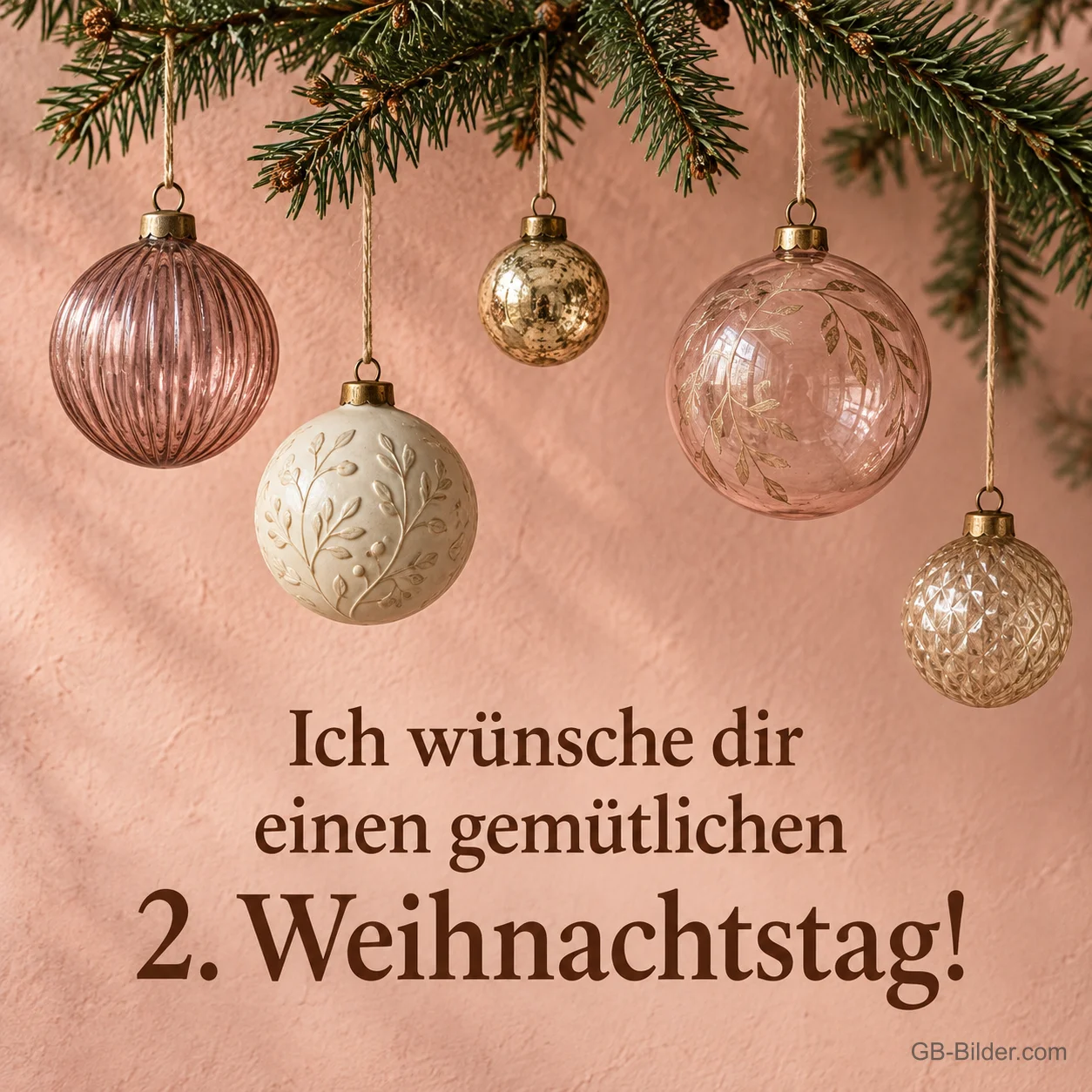 Christbaumkugeln vor rosa Wand, Text: Ich wünsche dir einen gemütlichen 2. Weihnachtstag! Christbaumkugeln vor rosa Wand, Text: Ich wünsche dir einen gemütlichen 2. Weihnachtstag!