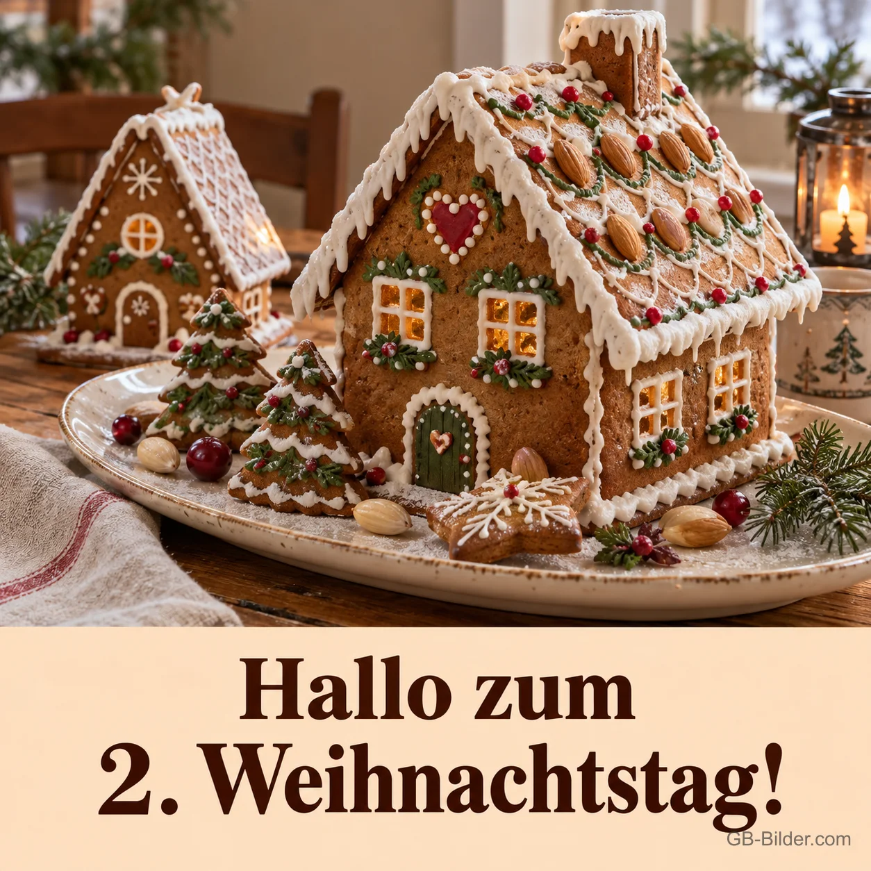 Lebkuchenhaus auf einer Platte, Text: Hallo zum 2. Weihnachtstag! Lebkuchenhaus auf einer Platte, Text: Hallo zum 2. Weihnachtstag!