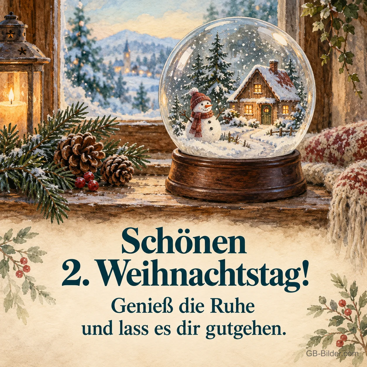Schneekugel mit Häuschen am Fenster, Text: Schönen 2. Weihnachtstag! Schneekugel mit Häuschen am Fenster, Text: Schönen 2. Weihnachtstag!